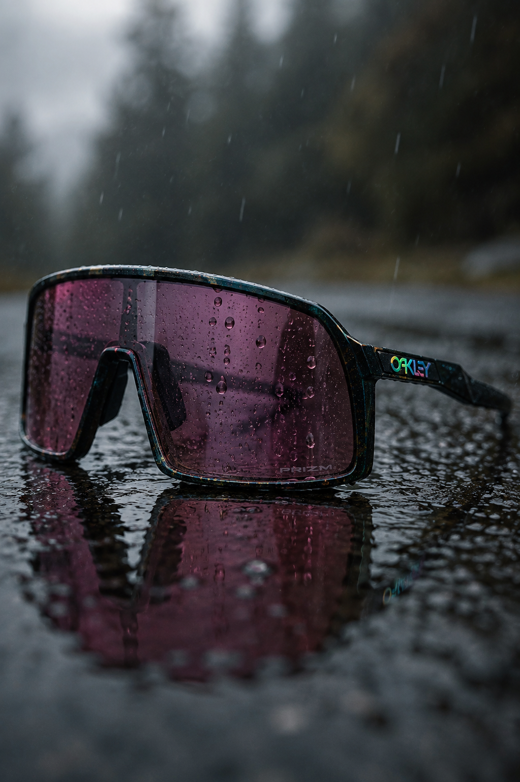 Oakley Prizm sports sunglasses with purple shield lens resting on a wet road during a rainy outdoor run.