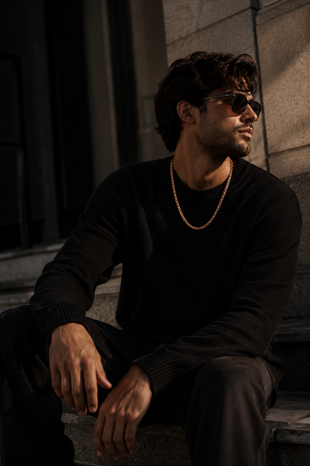 Man wearing a rose-gold copper-tone magnetic necklace with a black sweater in warm editorial lighting.